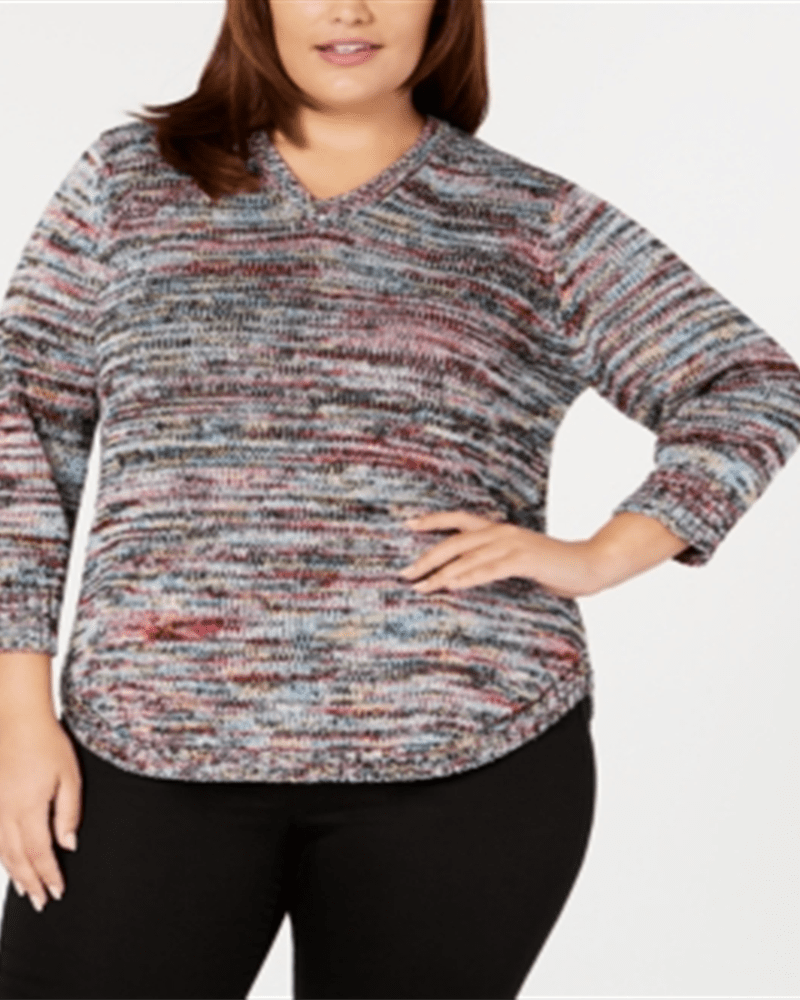 Front of a model wearing a size 3X NY Collection Women's Plus Knit V Neck Sweater Black Size 3X in Black by NY Collection. | dia_product_style_image_id:314557